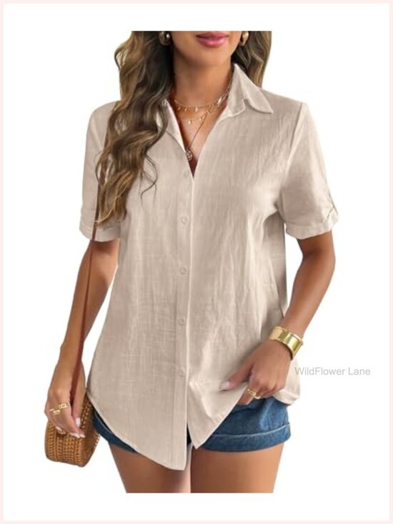 Tops - Zeagoo Women Cotton Linen Button Down Shirt Cuffed Short Sleeve V Neck Blouse